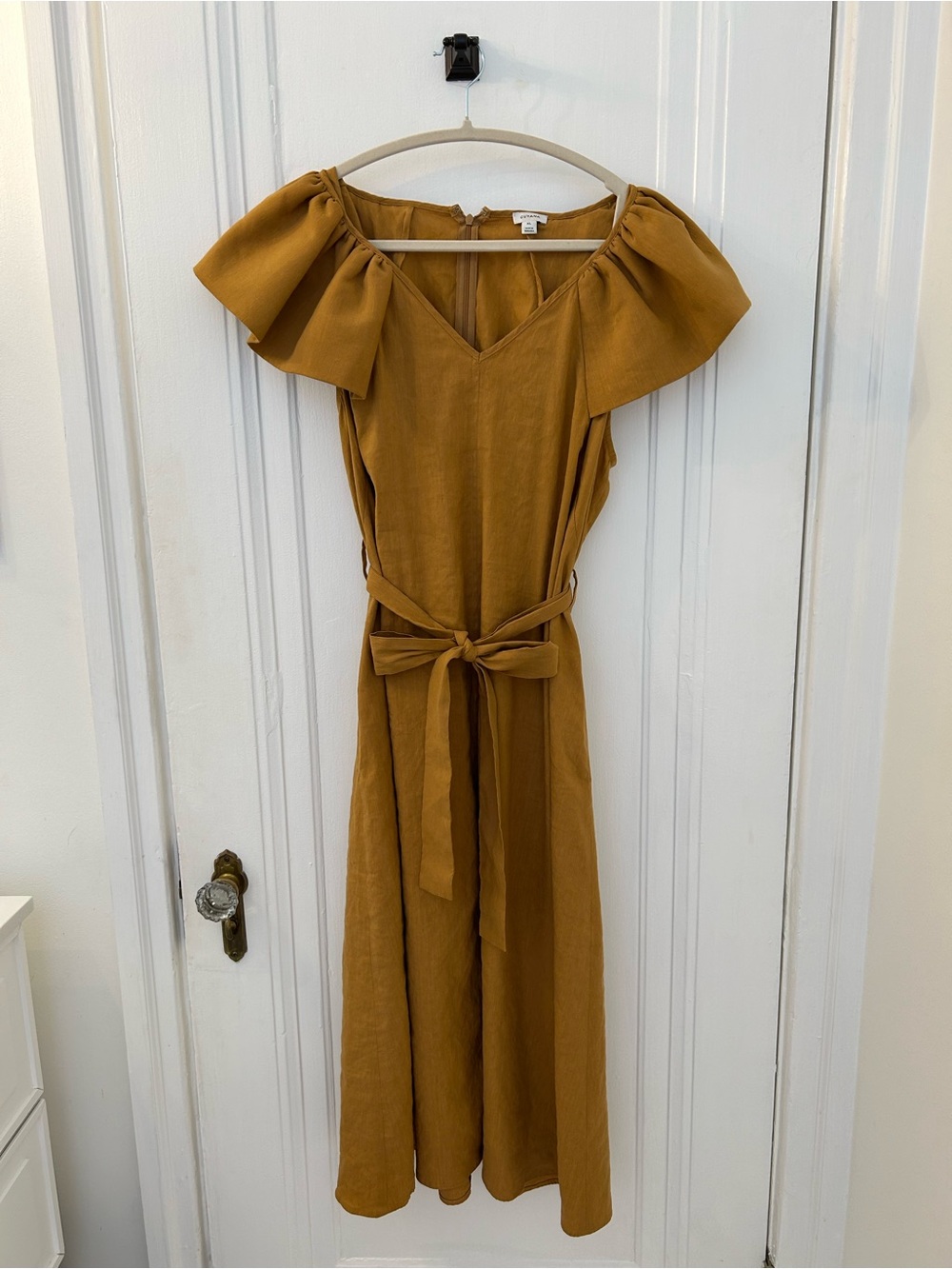 Cuyana Mustard Flutter-Sleeve V-Neck Midi Dress with Waist Tie